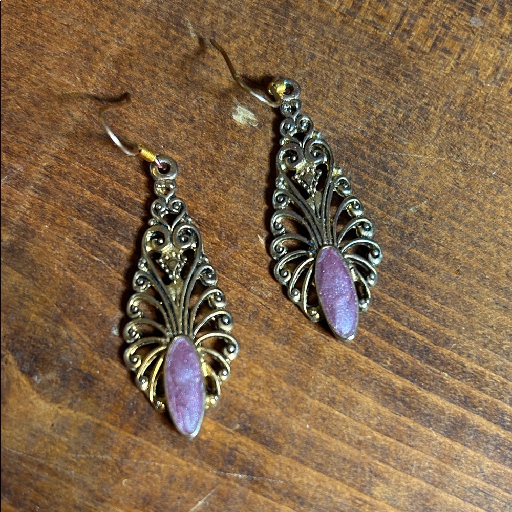 Vintage Gold Silver and Pink Tone Filigree Earrings - Picture 3 of 5